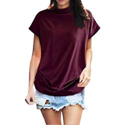 iHENGH Damen Top Bluse Bequem Lässig Mode T-Shirt Frühling Sommer Blusen Frauen Rollkragen Kurzarm Baumwolle Solide Casual Top(Rot, L) von iHENGH