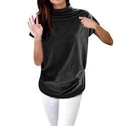 iHENGH Damen Top Bluse Bequem Lässig Mode T-Shirt Frühling Sommer Blusen Frauen Rollkragen Kurzarm Baumwolle Solide Casual Top(Schwarz, 2XL) von iHENGH