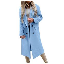 iHENGH Damen Winter Blazer Wollmantel,Lang Mantel Warme üBergangsjacke Office Lady Einfarbig Slim Fit Revers Blazer Jacke(Z-Blau,M) von iHENGH