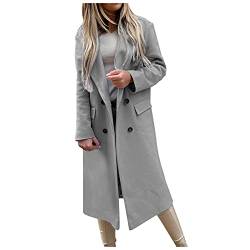 iHENGH Damen Winter Blazer Wollmantel,Lang Mantel Warme üBergangsjacke Office Lady Einfarbig Slim Fit Revers Blazer Jacke(Z-Grau,XL) von iHENGH