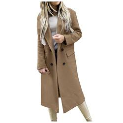 iHENGH Damen Winter Blazer Wollmantel,Lang Mantel Warme üBergangsjacke Office Lady Einfarbig Slim Fit Revers Blazer Jacke(Z-Khaki,S) von iHENGH