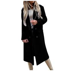 iHENGH Damen Winter Blazer Wollmantel,Lang Mantel Warme üBergangsjacke Office Lady Einfarbig Slim Fit Revers Blazer Jacke(Z-Schwarz,L) von iHENGH