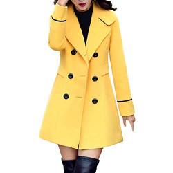 iHENGH Damen Winter Jacke Dicker Warm Bequem Slim Parka Mantel Lässig Stilvoll Frauen Wolle Zweireiher Elegante Langarm Arbeits Büro Mode Coat (L,Gelb) von iHENGH