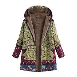 iHENGH Damen Winter Warm Dicker Outwear Parka Mantel Jacke Blumendruck mit Kapuze Taschen Vintage Oversize Coats (Grün,EU-54/CN-4XL) von iHENGH