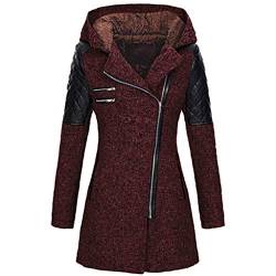 iHENGH Damen warme dünne jacke dicken mantel winter outwear mit kapuze reißverschluss mantel(Wein, 4XL) von iHENGH