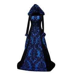 iHENGH Halloween Kostüm Damen Gothic Kleidung Übergröße Schnürkleid mit Kapuze, Vintage Mittelalter Kleid Trompetenärmel Maxikleider Renaissance Karneval Party Festlich Cosplay Dress (Z-Blau,5XL) von iHENGH