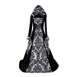 iHENGH Halloween Kostüm Damen Gothic Kleidung Übergröße Schnürkleid mit Kapuze, Vintage Mittelalter Kleid Trompetenärmel Maxikleider Renaissance Karneval Party Festlich Cosplay Dress (Z-Weiß,L) von iHENGH