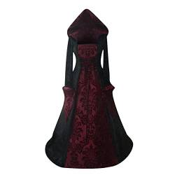 iHENGH Halloween Kostüm Damen Gothic Kleidung Übergröße Schnürkleid mit Kapuze, Vintage Mittelalter Kleid Trompetenärmel Maxikleider Renaissance Karneval Party Festlich Cosplay Dress (Z-Rot,M) von iHENGH