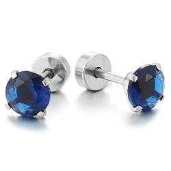 1 Paar Herren Damen 6MM Blau Runder Zirkonia Ohr-Stecker Gestüt Ohrringe, Edelstahl, Schraube Wieder, Exquisite von iMECTALII