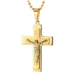 iMECTALII Dreischichtige Gold Farbe Jesus Christus Kruzifix-Keuz-Anhänger Edelstahl Halskette für Herren, 75cm Stahl Kugelkette von iMECTALII