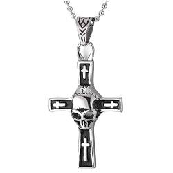 iMECTALII Gotik Edelstahl Schädel Kreuz Anhänger Halskette für Herren, Silber Schwarz, 60cm Kugelkette von iMECTALII