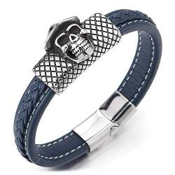 iMECTALII Herren Damen Blau Geflochtenes Leder Armband Armreif mit Edelstahl Cowboy Schädel Kariertes Muster Bettelarmband Charme von iMECTALII