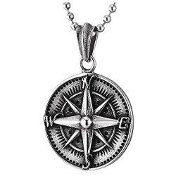 iMECTALII Herren Damen Edelstahl Vintage Kompass Kreis Medaille Anhänger Halskette mit 60cm Stahl Kugelkette von iMECTALII