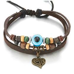 iMECTALII Herren Damen Stammes Multi-Strang Leder Baumwolle Riemen Wickeln Armband mit Vintage Herz Bösen Blick Wulst Charms von iMECTALII