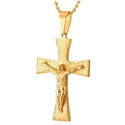 iMECTALII Herren Edelstahl Gold Jesus Christus Kruzifix-Keuz-Anhänger Halskette mit Griechischen Schlüsselmuster, 75cm Kugelkette von iMECTALII