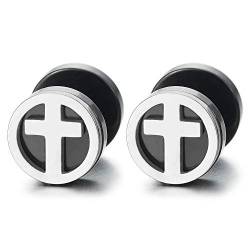 10MM Herren Damen Silber Schwarz Kreuz Kreis Ohrstecker Ohrringe Fake Plugs Ohr Cheater Tunnel Gauges Edelstahl, 1 Paar von iMETACLII