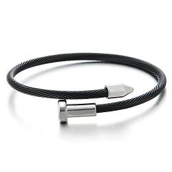 iMETACLII Herren Damen Dünne Edelstahl Armband Verdrehten Stahlkabel Armreif mit Nägel Spike, Silber Schwarz, Verstellbare von iMETACLII