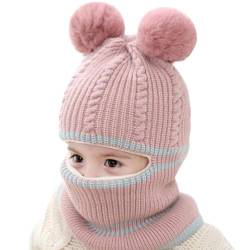 Baby Wintermütze Mütze und Schal Set Bommelmütze Strickmütze mit Pompom Kinder Schalmütze Fleecefutter Strickmütze Thermische Kapuzenschal für Jungen Mädchen 2-5 Jahre von iNelihoo