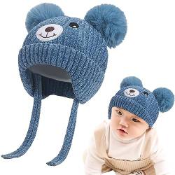 iNelihoo Baby Mütze Beanie Strickmütze Niedlich Bär Wintermütze mit Bommel Fleecefutter Beanie Mütze Ohrenschützer Hut Kleinkind Verdicken Warme Plüsh Gefüttert Mütze für 0-5 Jahre Jungen Mädchen von iNelihoo