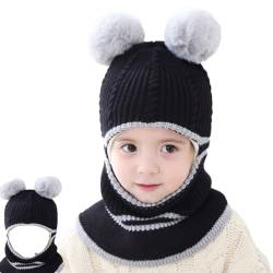 iNelihoo Baby Wintermütze Mütze und Schal Set Bommelmütze Strickmütze mit Pompom Kinder Schalmütze Fleecefutter Strickmütze Thermische Kapuzenschal für Jungen Mädchen 2-5 Jahre von iNelihoo