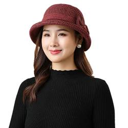 Damen Winter Wollfilz Mütze Vintage Cloche Hüte Derby Kleid Hüte Klassisch Fedora Hut Bowler Kirche Hüte Fischerhut Herbst Eleganter Breite Krempe Schlapphut mit Schöner Fliege für Mädchen Frauen von iNszkoos