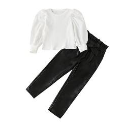 iOoppek Mädchen Bekleidungsset 92 Puffärmel, weißes Oberteil, gerades Bein, PU-Lederhose, Outfits Baby Kleidung 12 Monate (Black, 3-4 Years) von iOoppek