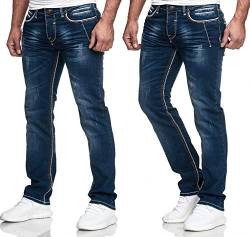 iProfash Dicke Naht Herren Jeans Hose Washed Straight Cut Regular Stretch GRAU BLAU W29-W38 (Blau -We, W32/L34) von iProfash