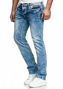 iProfash Herren Jeans Hose Washed Straight Cut Regular Stretch Dicke Nähte (Blau-Grün, W34/L32) von iProfash