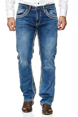 iProfash NEU Herren Jeans Hose Washed Straight Cut Regular Stretch Dicke Nähte (BLAU, W36/L32) von iProfash