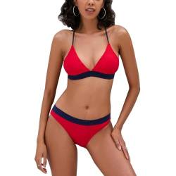 iSLASISIA Damen-Bikini-Badeanzug Criss Cross Back Triangle Bikini Tie Back Bikini Set Zweiteilige Badeanzüge (Rot + blau, EU42) von iSLASISIA