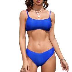 iSLASISIA Damen Sport Badeanzüge Zweiteiliger Crop Top Gerippter Bikini mit frechem Unterteil（Blau,EU38） von iSLASISIA