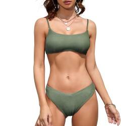 iSLASISIA Damen Sport Badeanzüge Zweiteiliger Crop Top Gerippter Bikini mit frechem Unterteil（Grünes Raster,EU40） von iSLASISIA