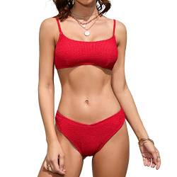 iSLASISIA Damen Sport Badeanzüge Zweiteiliger Crop Top Gerippter Bikini mit frechem Unterteil(Helles Rot,EU40) von iSLASISIA