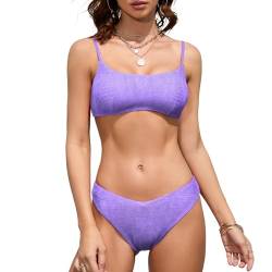 iSLASISIA Damen Sport Badeanzüge Zweiteiliger Crop Top Gerippter Bikini mit frechem Unterteil（Hellviolett,EU38） von iSLASISIA