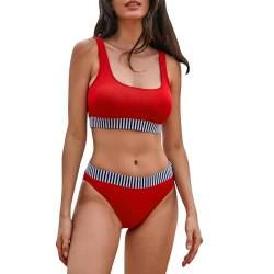 iSLASISIA Damen Sport Badeanzüge Zweiteiliger Crop Top Gerippter Bikini mit frechem Unterteil（Rot,EU38） von iSLASISIA