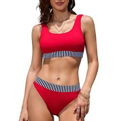 iSLASISIA Damen Sport Badeanzüge Zweiteiliger Crop Top Gerippter Bikini mit frechem Unterteil(Rot & Streifen,EU38) von iSLASISIA