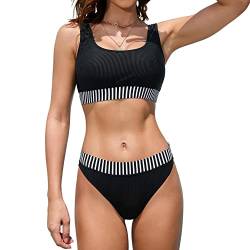 iSLASISIA Damen Sport Badeanzüge Zweiteiliger Crop Top Gerippter Bikini mit frechem Unterteil(Schwarz & Streifen,EU40) von iSLASISIA