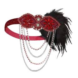 Feder Stirnband, iSpchen Flapper Kopfschmuck Vintage Haarbänder,Blinkende Kristalle Haarband Elastische Stirnband mit Dekorative Kette, Abschlussball Party Fotografie Requisiten,Weinrot von iSpchen