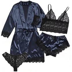 iSpchen 4-teiliges Schlafanzug Damen Lang Pyjama Set Nachtwäsche Sexy Spitzen Unterwäsche Kurze Hose Nachthemd Frühling Sommer Herbst Morgenmantel weich Nachtwäsche Shorts von iSpchen