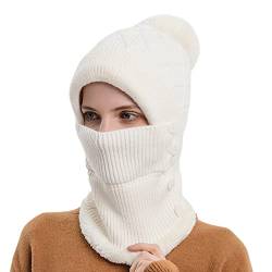 iSpchen Sturmhaube Damen Warme Beanie Mütze Winddichte Strickmütze 3 in 1 Wintermütze und Schal & Gesichtsmaske Set Warme Balaclava Winter Schlupfmütze Schal Bommelmütze Kunstfell Bommel Hut von iSpchen