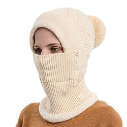 iSpchen Sturmhaube Damen Warme Beanie Mütze Winddichte Strickmütze 3 in 1 Wintermütze und Schal & Gesichtsmaske Set Warme Balaclava Winter Schlupfmütze Schal Bommelmütze Kunstfell Bommel Hut von iSpchen