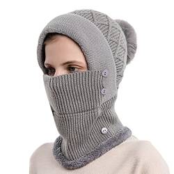 iSpchen Sturmhaube Damen Warme Beanie Mütze Winddichte Strickmütze 3 in 1 Wintermütze und Schal & Gesichtsmaske Set Warme Balaclava Winter Schlupfmütze Schal Bommelmütze Kunstfell Bommel Hut von iSpchen