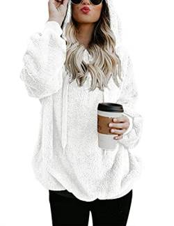 iWoo Hoodie Damen Kapuzenpullover Mantel Langarm Teddy-Fleece Sweatshirt Pullover Casual Winter Oversize Sweatshirt(Weiß,M) von iWoo