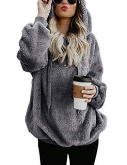 iWoo Hoodie Pullover Teddyfleece Jacke Damen Winter Lose Warm Kapuzenpullover Baumwolle Einfarbig Fleecejacke(Dunkelgrau,XXL) von iWoo