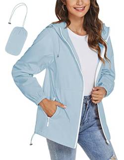 iWoo Leichte Regenjacke Damen Wasserdicht Atmungsaktiv Leichte Jacke Outdoorjacke Übergangsjacke Rains Windbreaker Regenmantel Hell-blau M von iWoo