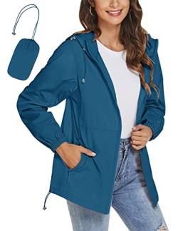 iWoo Regenjacke Damen Leicht Wasserdicht Atmungsaktiv Sommerjacke Faltbar Softshelljacke Fahrradjacke Winddicht Windbreaker Outdoor Sportjacke, Blau S von iWoo