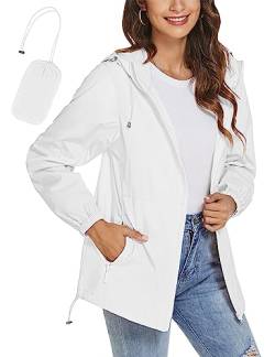 iWoo Regenjacke Damen Wasserdicht Atmungsaktiv Dünne Windjacke Leicht Regenmantel für Outdoor-Windbreaker Sommerjacke, Weiß S von iWoo