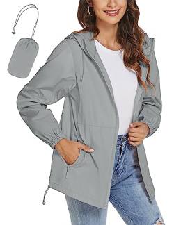 iWoo Regenjacke Damen Wasserdicht Atmungsaktiv Regenmantel Windbreaker Dünne Packbar Regenjacken Funktionsjacke für Wandern Reisen, Grau L von iWoo