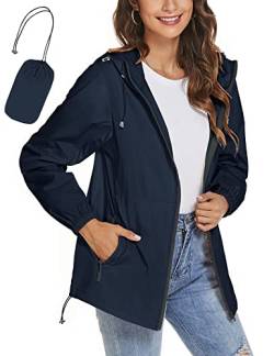 iWoo Regenjacke Damen Wasserdicht Atmungsaktiv Regenmantel Windbreaker Dünne Packbar Regenjacken Windjacke Funktionsjacke, Navy Blau L von iWoo