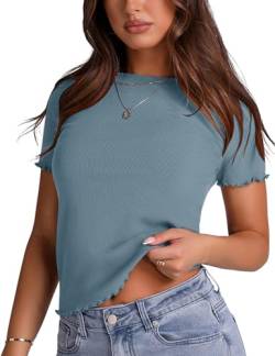 iWoo T Shirt Tops Sommer Outfits Damen Elegant Basic Tshirt Skims Kurzarm T-Shirt Lässiges Rundhalsausschnitt Oberteil Grau Blau M von iWoo